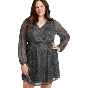 Maurice's Metallic Black Long Sleeve Vneck Wrap Dress